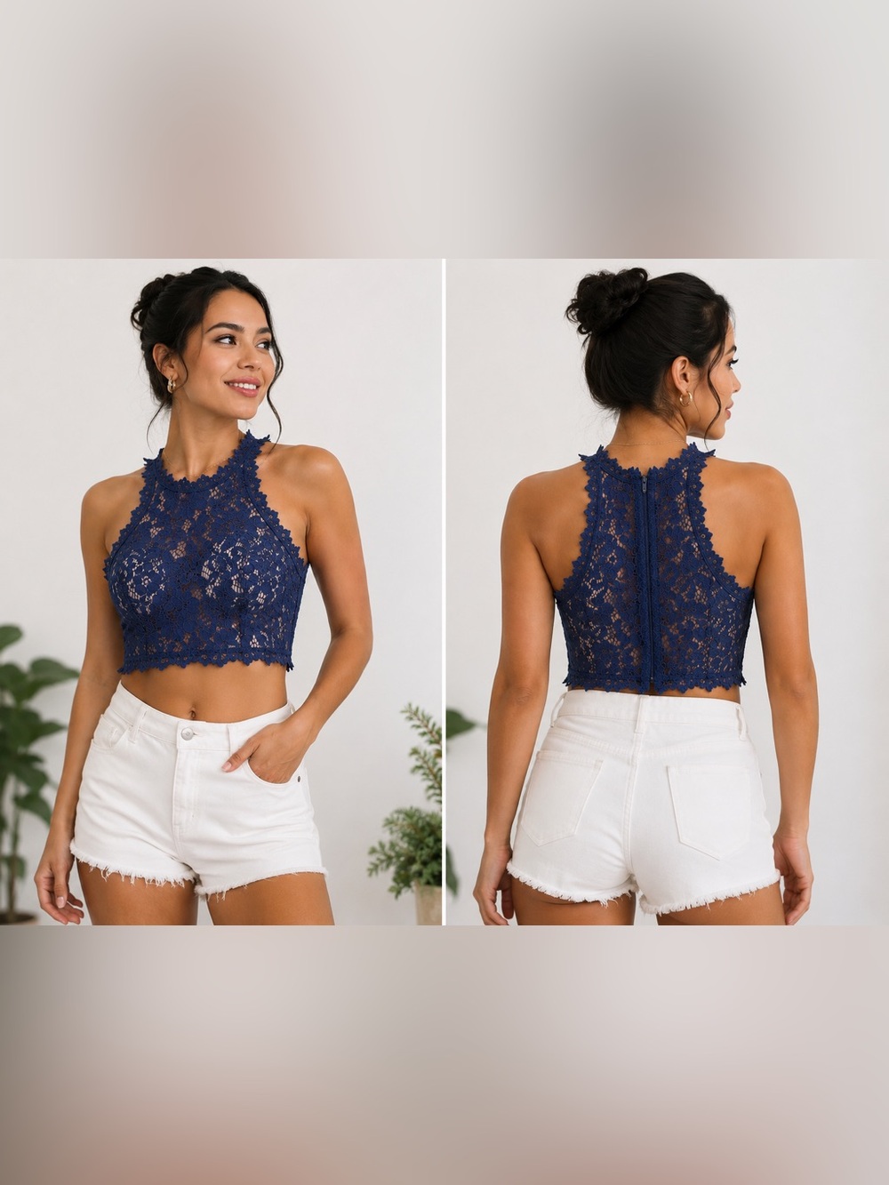 Warehouse Navy Lace High-Neck Crop Cami Top